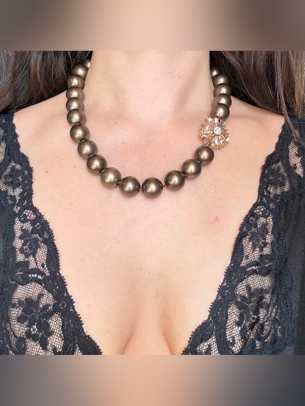 Lia Sophia Taffeta Necklace Bronze Chunky Beaded Y2K Floral Rhinestone Statement